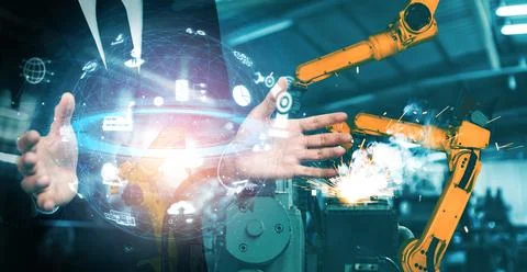 Mechanized industry robot arm and factory worker double exposure Stock Illustration
