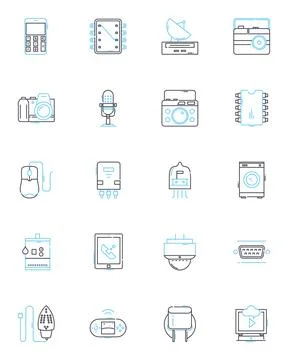 Mechanized orchestration linear icons set. Automation, Robotics, Synthesis Stock Illustration