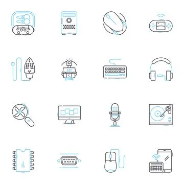 Mechanized orchestration linear icons set. Automation, Robotics, Synthesis Stock Illustration
