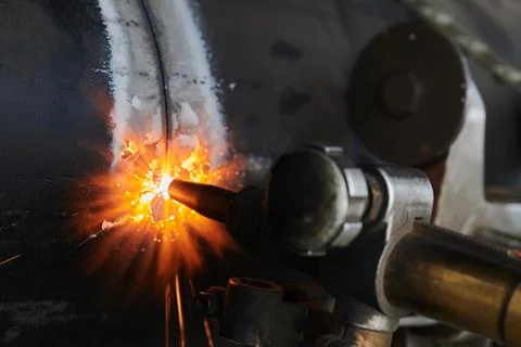 Mechanized, precise cutting of large diameter steel pipe using special equipment Stock Photos