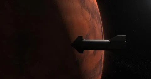 MED Spaceship rocket approaching planet Mars surface, space colonization concept 스톡 일러스트