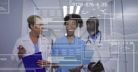 Med team walking hall checking tablet for patient data, AR overlays obscuring Stock Footage 333833342