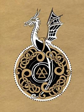 Medallion with Celtic knots and dragon. Norwegian ornament on brown old paper. Stock Illustration