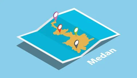 Medan indonesia explore maps with isometric style and pin location tag on top Stock Illustration