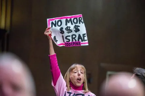  Medea Benjamin, a co-founder of Code Pink, holds up a sign calling on con... Stock Photos