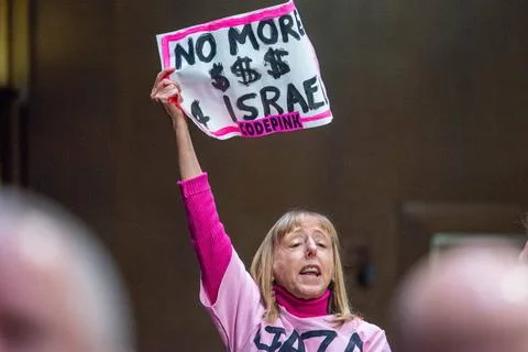  Medea Benjamin, a co-founder of Code Pink, holds up a sign calling on con... Stock Photos