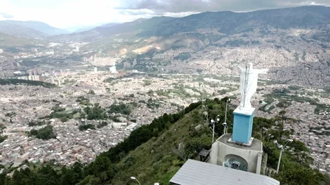 Medellin Aerial 4k 60fps Statue of Jesus 2 Stock Footage
