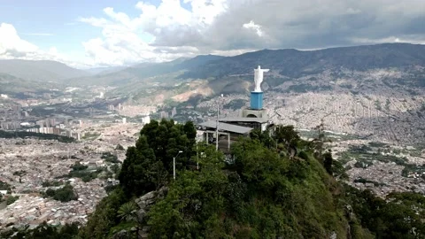 Medellin Aerial Footage 4k 60fps Statue of Jesus Stock Footage