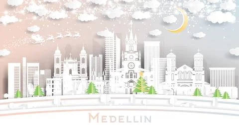 Medellin Colombia City Skyline in Paper Cut Style with Snowflakes, Moon and N Stock Illustration
