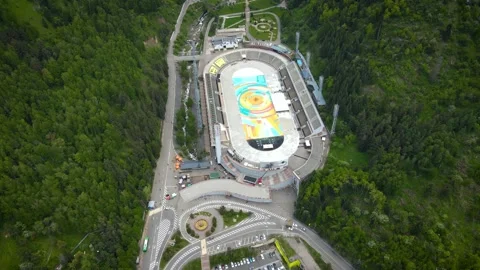Medeo empty ice rink aerial in Almaty Video stock 194792252