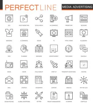 Media Advertising thin line web icons set. Outline stroke icons design. イラスト素材