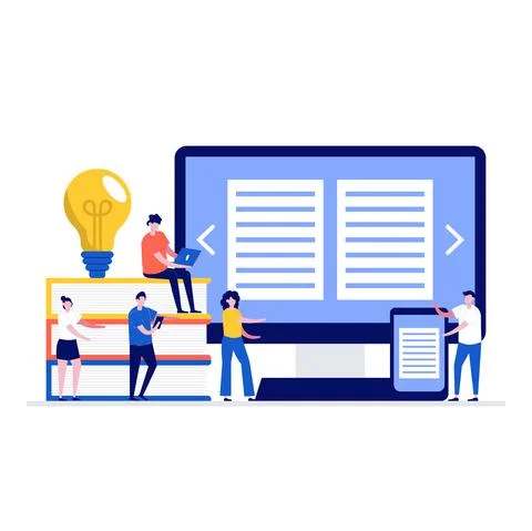 Media book library vector illustration concept with characters. Modern flat s Stock Illustration
