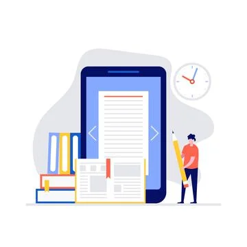 Media book library vector illustration concept with characters. Modern flat s Stock Illustration