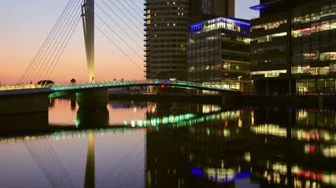 Media city reflections at dusk Stock Footage