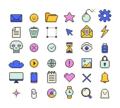 Media communication tools pixel art illustration set Stock Illustration
