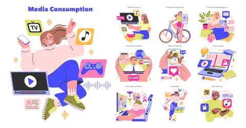 Media Consumption set Diverse digital platforms engagement Exploring video Stockillustratie