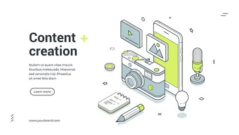 Media content creation cyberspace digital technology isometric web banner d.. Illustration