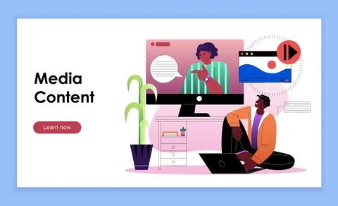 Media content poster. Man looking at woman on TV screen. People with digital Stock Illustration