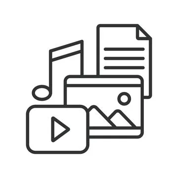 Media content sharing, icon in line design. video, image, file, music, upload Illustrazione stock