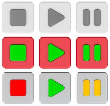 Media control buttons set in different colors. 3D rendering 스톡 일러스트