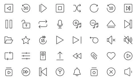 Media Control Line Icon Set. A program, movie, and other visual media produ.. Stock Illustration
