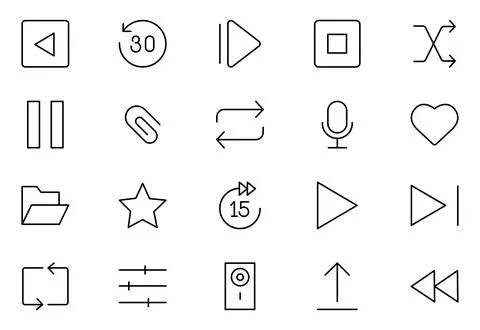 Media Control Line Icon Set. A program, movie, and other visual media produ.. Stock Illustration