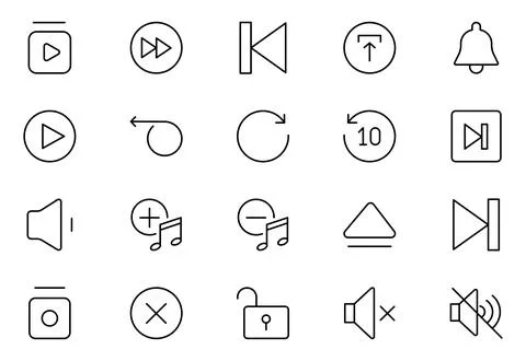 Media Control Line Icon Set. A program, movie, and other visual media produ.. Stock Illustration