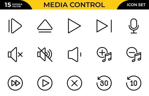 Media Control Line Icon Set. A program, movie, and other visual media produ.. Illustrazione stock
