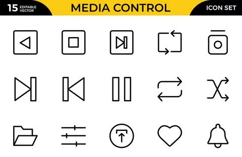 Media Control Line Icon Set. A program, movie, and other visual media produ.. Stock Illustration