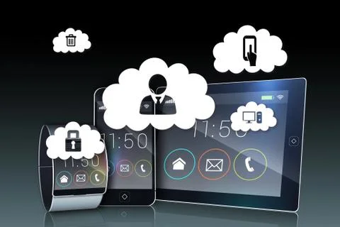 Media devices with clouds and apps Illustrazione stock
