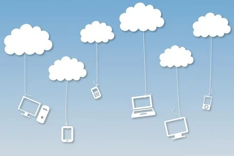Media devices hanging from clouds Foto stock