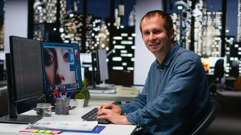 Media editor using AI program turning text prompt into photos Stock Photos
