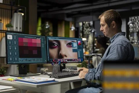 Media editor using AI program turning text prompt into photos Stock Photos