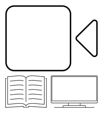 Media elements including video camera icon, open book, and computer monitor.. Stock Illustration