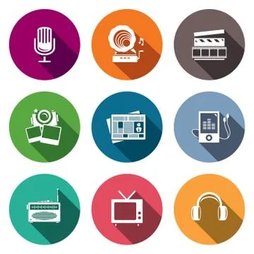 Media flat icon set - video, news, music, tv, recording, photo Stock Illustration
