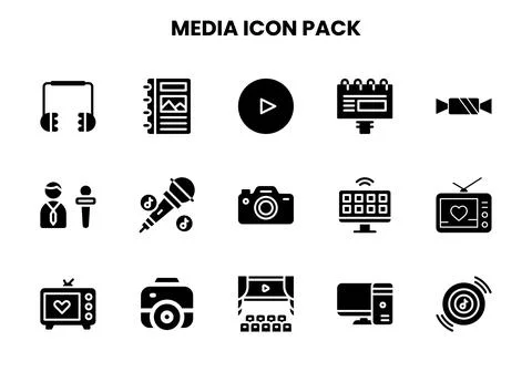Media Glyph Bundle Icons Pack Stock Illustration