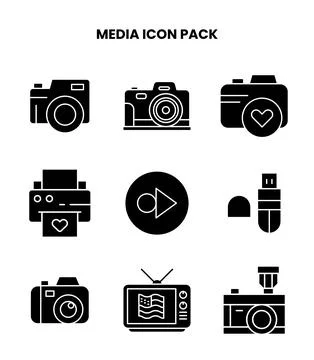Media Glyph Bundle Icons Pack Stock Illustration