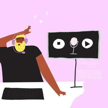 Media hosting vector freehand drawing. Funny brutal man podcaster in headphones Stock Illustration