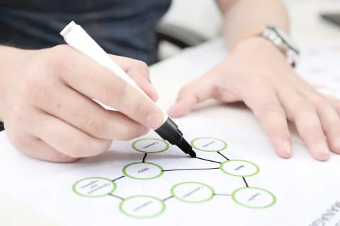 Media Info chart cross checking with marker in hand Stock Photos