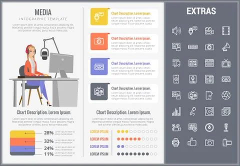 Media infographic template, elements and icons. Illustrazione stock