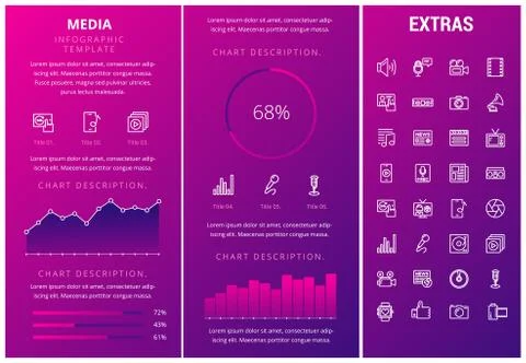 Media infographic template, elements and icons. Illustrazione stock
