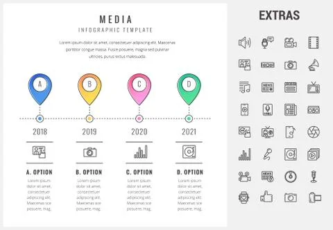 Media infographic template, elements and icons. Illustrazione stock