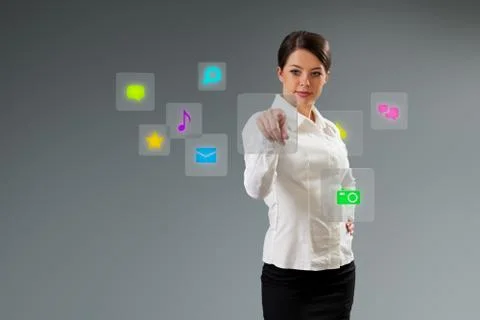 Media interface pressing button. cute brunette touching the button. Stock Illustration