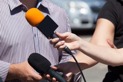 Media interview. Microphones. Foto stock