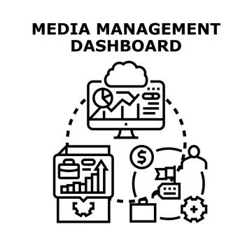 Media management dashboard concept administering digital content Stock Illustration