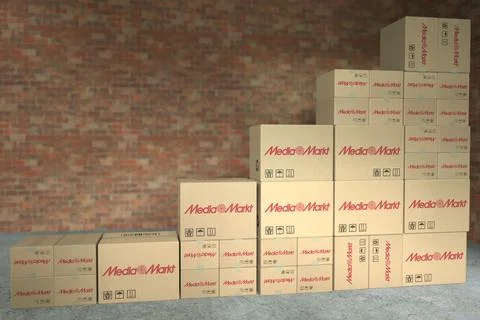 MEDIA MARKT logo on many boxes composing a rising bar chart. Editorial business 스톡 일러스트