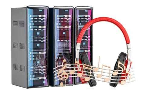 Media, musical server concept. Computer Server Racks with headphones and musi Illustrazione stock