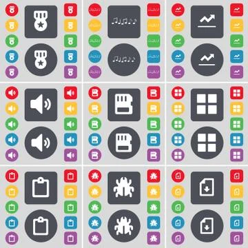 Media, Note, Graph, Sound, SIM card, Apps, Survey, Bug, File icon symbol. A larg Stock Illustration