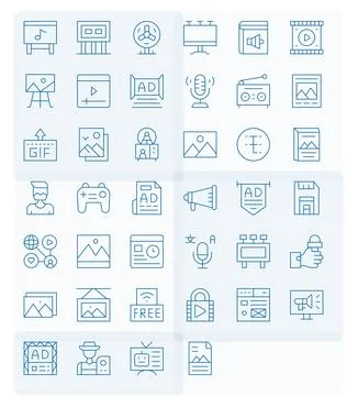 Media Pixel Optimized Vector Set with 40 256x256 Thin Line Icons Stock Illustration