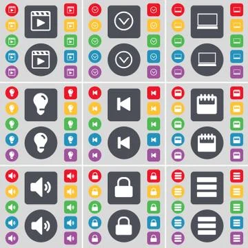 Media player, Arrow down, Laptop, Light bulb, Media skip, Calendar, Sound, Lock, Stock Illustration
